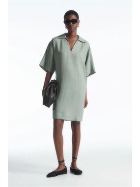 COS | Sage Green Open-Collar Linen Shirt Dress ~ US 10